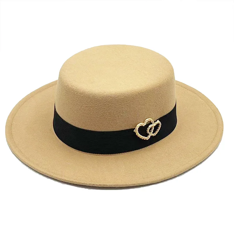 

Women Hats New Retro Black Big Brim Fedora Woolen Flat Top Hat Women's Autumn and Winter British Love Wedding Hat