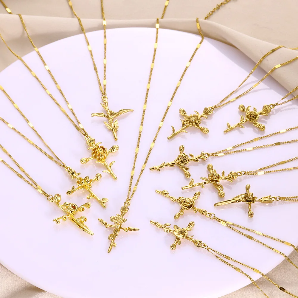 Stainless Steel Birth Flower Cross Necklaces For Women