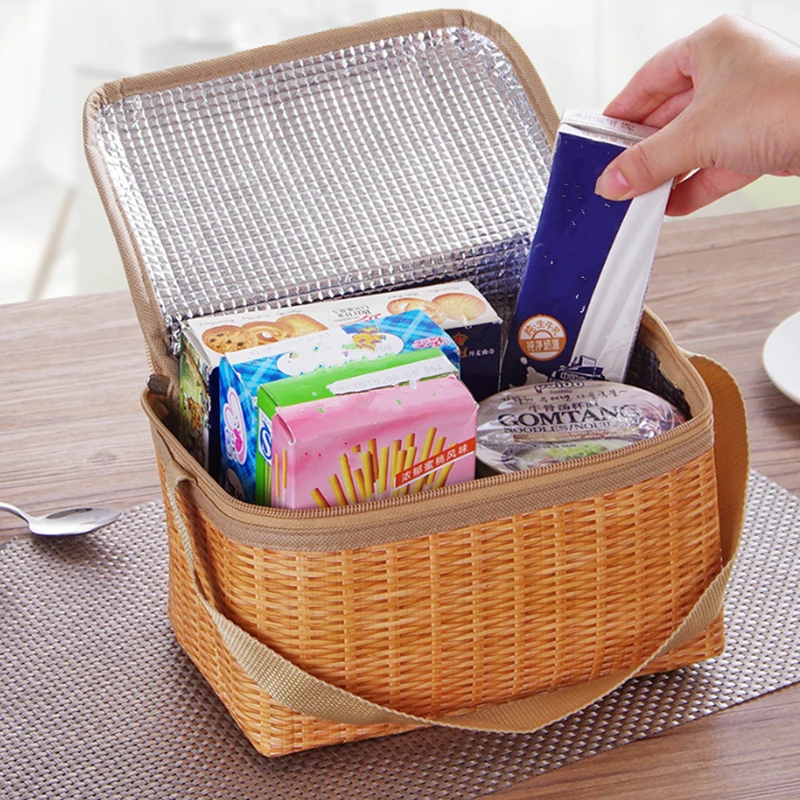 Imitation Rattan Outdoor Picnic Lunch Bags Portable Insulated Thermal Bento Box Food Cooler Tote Bag Pouch Storage Container