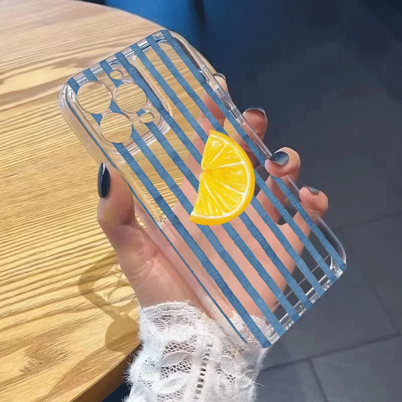 Stylish Blue Striped Yellow Lemon Printed Phone Case - Clear Soft Cover