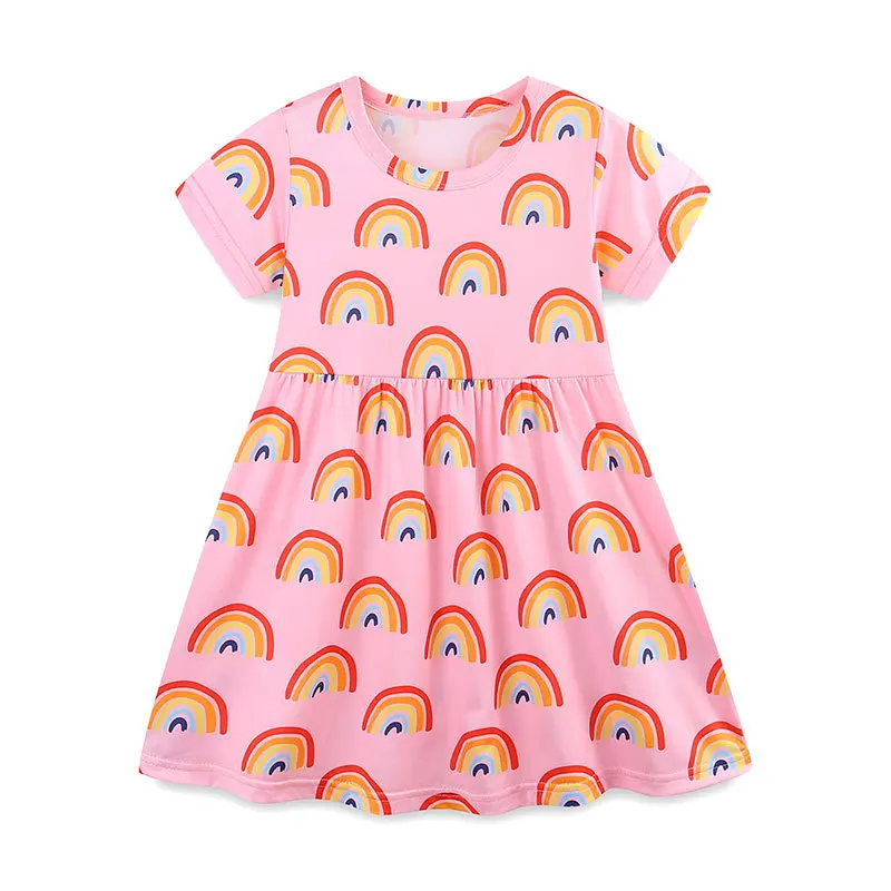 2025 Summer New Kids Clothes Baby Girls Children's Clothing Sleeves Cartoon Rainbows Dresses 2-7 Years