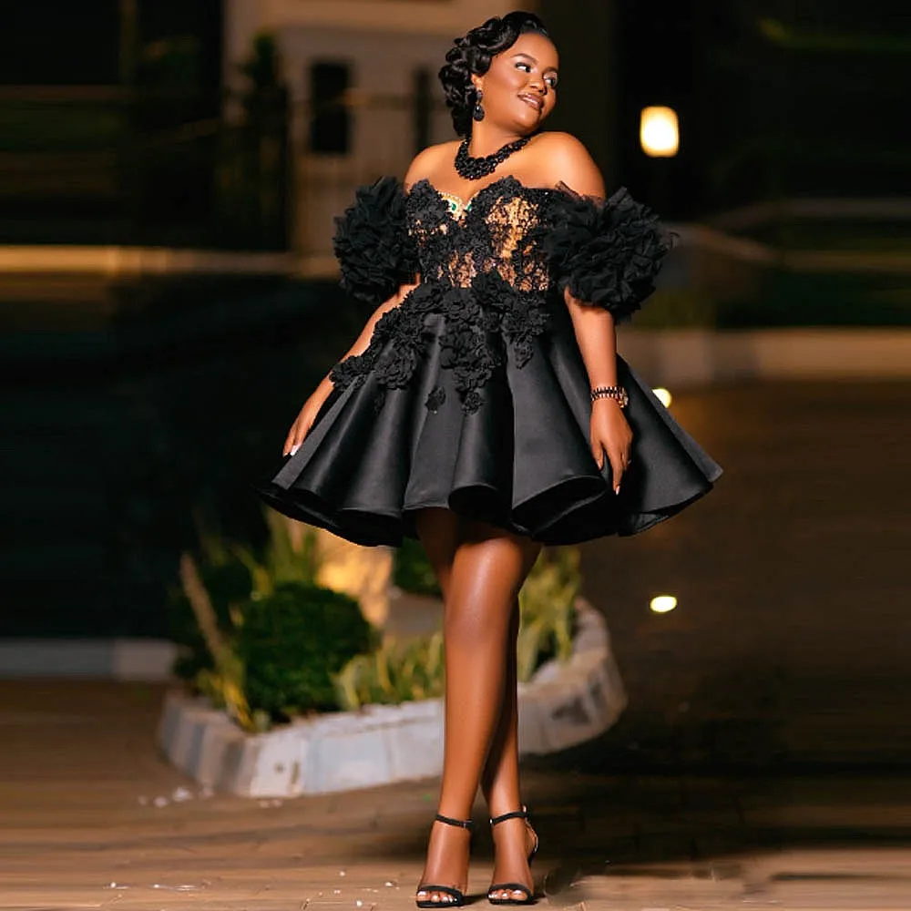 Plus Size Cocktail Dresses Sweetheart Off The Shoulder Handmade Flowers Aso Ebi Prom Party Dress Girls Black Robe De Soiree