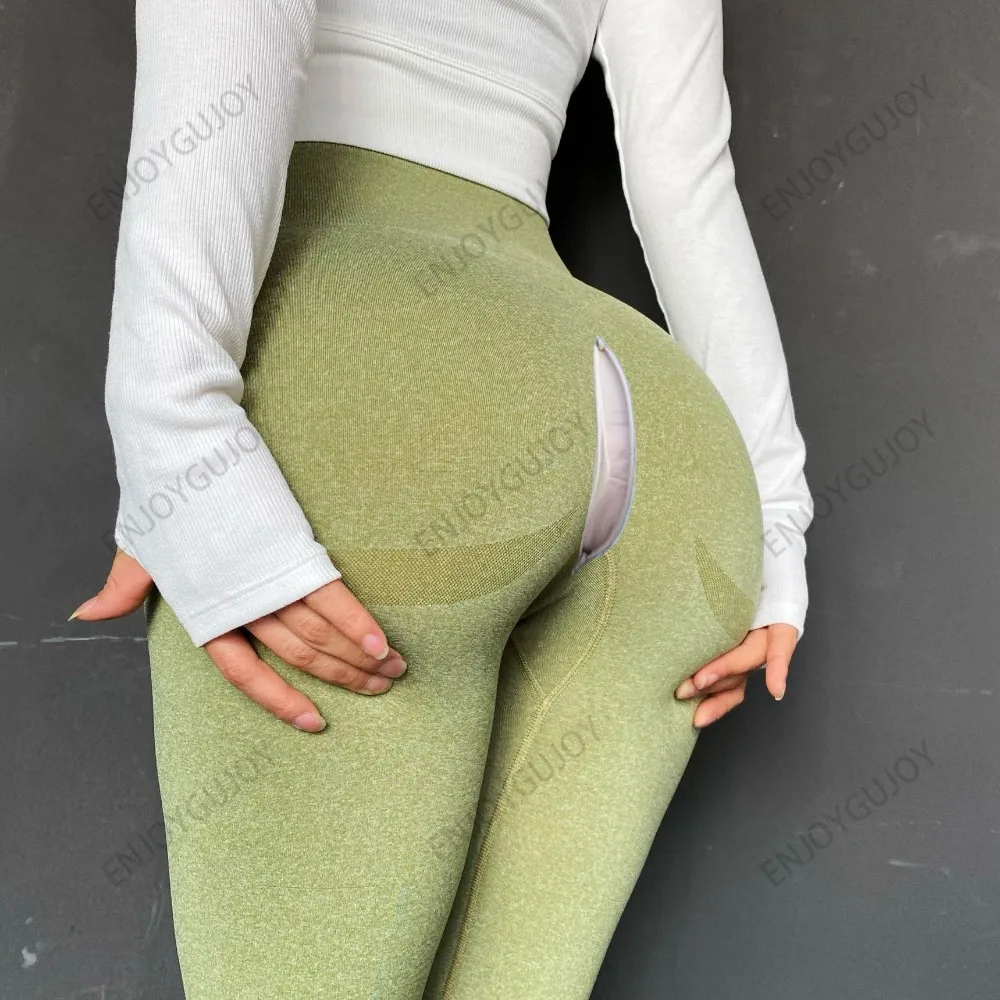Invisible Open Crotch Outdoor Sex High Waist Peach Hip Fitness Yoga Sports Running Cropped Smiley Pants