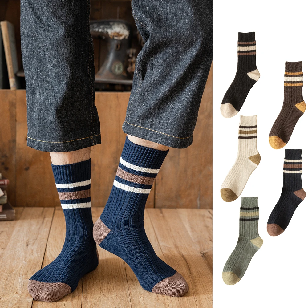 

Autumn And Winter Men's Socks, Pure Cotton, Deodorant, Sweat Absorbing, Thickened Thick Stripe, Warm, Casual, Medium Long Tube