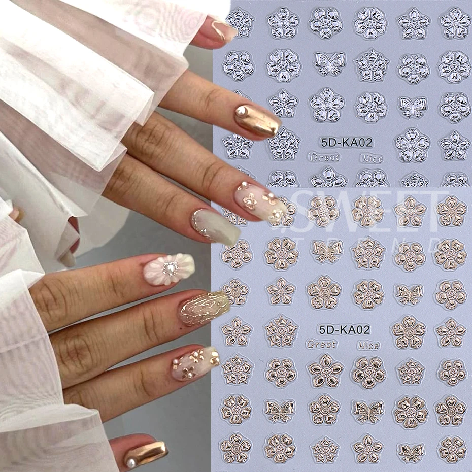 1/3pcs/set 5D Embossed Flower Nail Art Stickers Rose Gold Flower Butterfly Nail Decals Summer Manicure Nail Supplies Decoration
