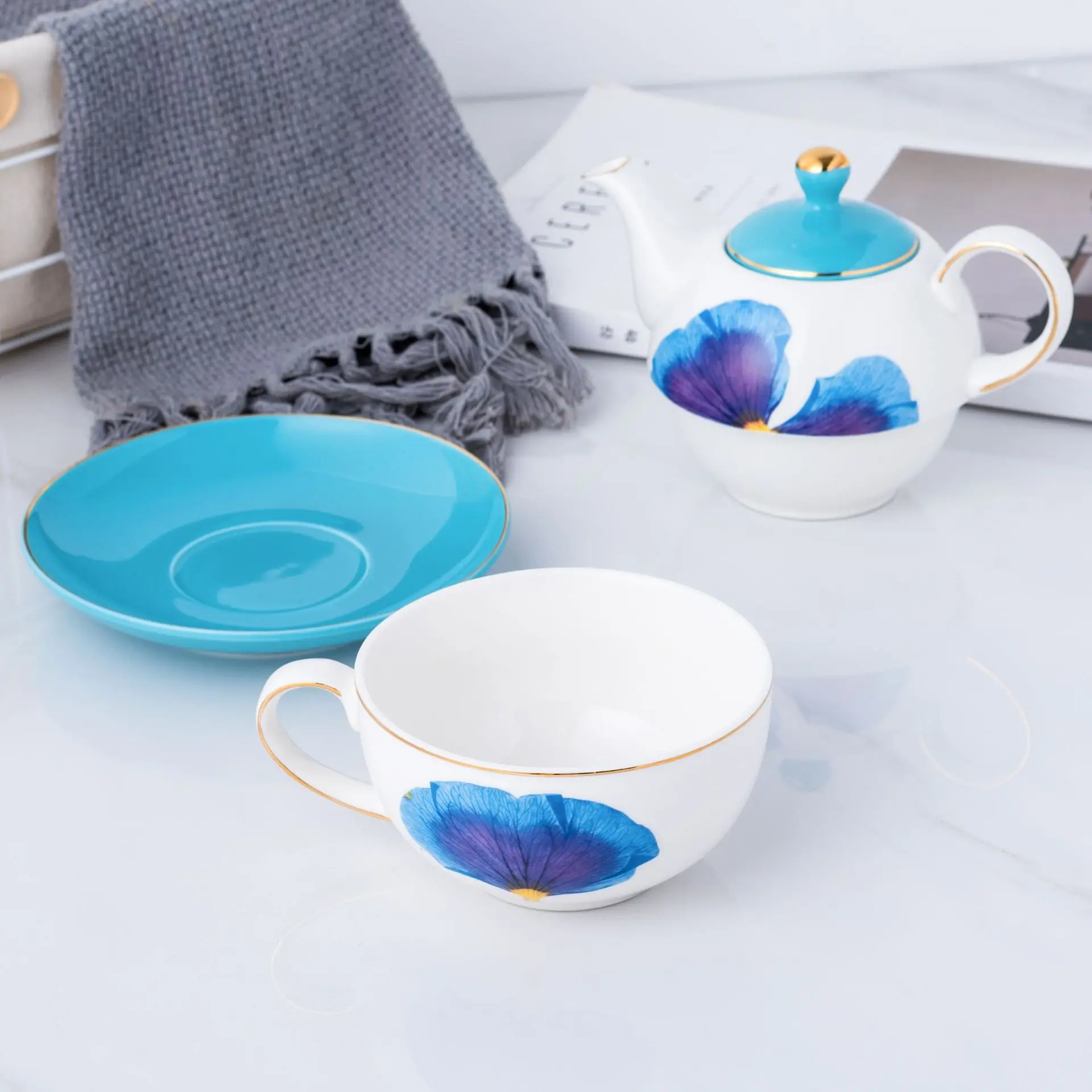 Ceramic Tea for One Set, Teapot with Infuser and Cup Set for One, Blue Flowers/Yellow Butterfly Tea Set with Honey Dipper Stick