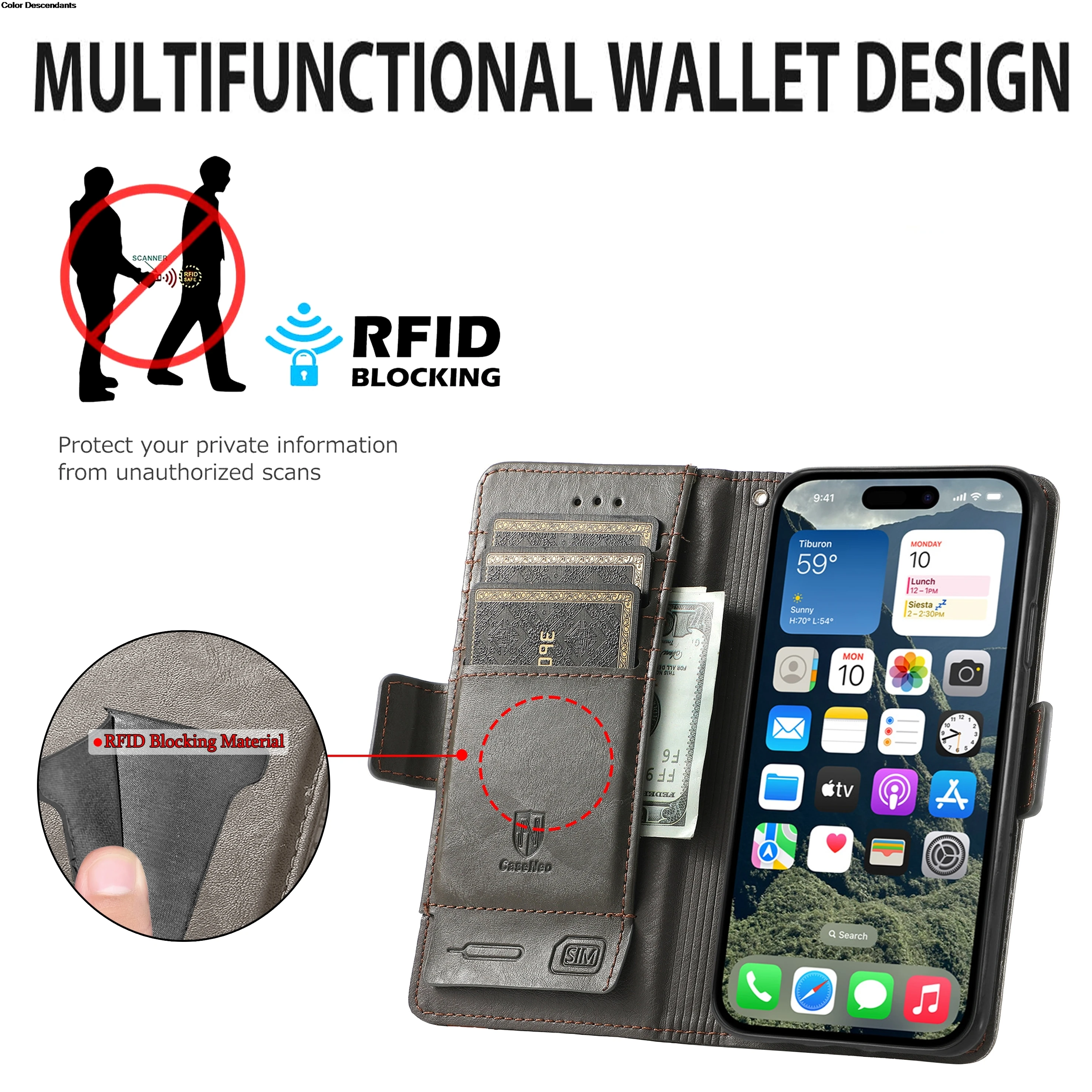 Leather RFID Blocking Phone Case with Wireless Charging and Card Slots