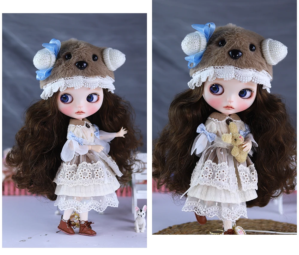 Neo Blythe Doll Brown White Lace Dress with Bear Cap & Socks 2