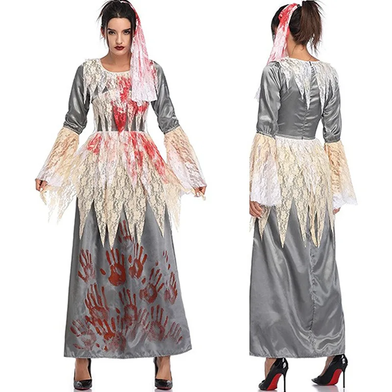 

Ghost Bride Performance Costume For Women Scary And Bloody Zombie Cosplay Masquerade Costumes Long Dress Halloween Party Set NEW