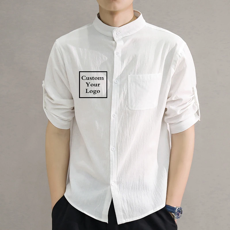 Men's Custom Logo  Mid-Sleeve Shirt Linen Stand Up Collar Cotton Trendy Loose Multi-Size Casual Wear Crisp Five-Quarter Sleeve T