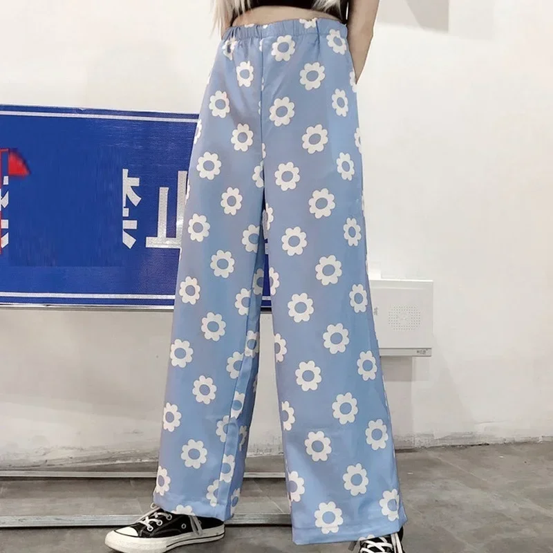 Women Plus Size Cool Girl Punk Style Pants 2024 Summer Casual Floral Printed Loose High Waist Ladies Bright Wide Leg Trousers