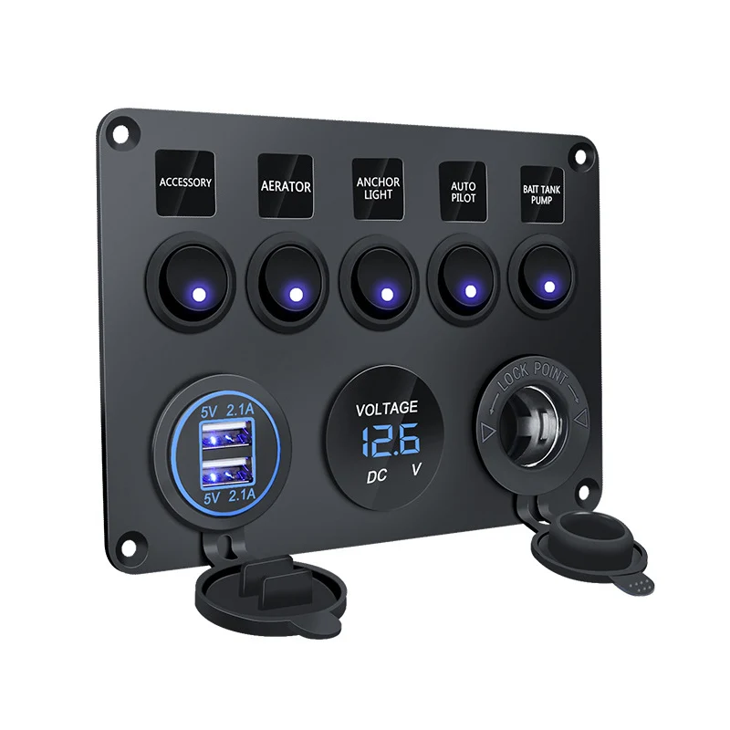 

5 Gang Instrument Panel 12V Power Outlet 4.2A Dual USB Charger LED Digital Voltmeter Switch Toggle For Truck Camper Van Marine