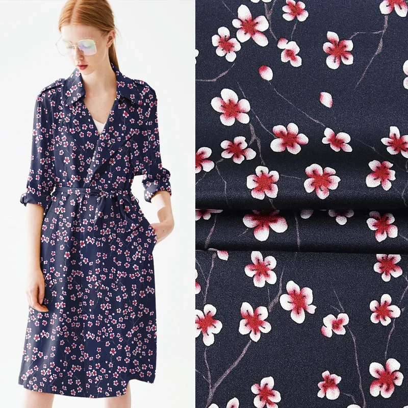 

116CM Wide 19MM Small Pink Floral Print Stretch Silk Satin Fabric Good for Summer Dress Skirt Shirt Pants JH103