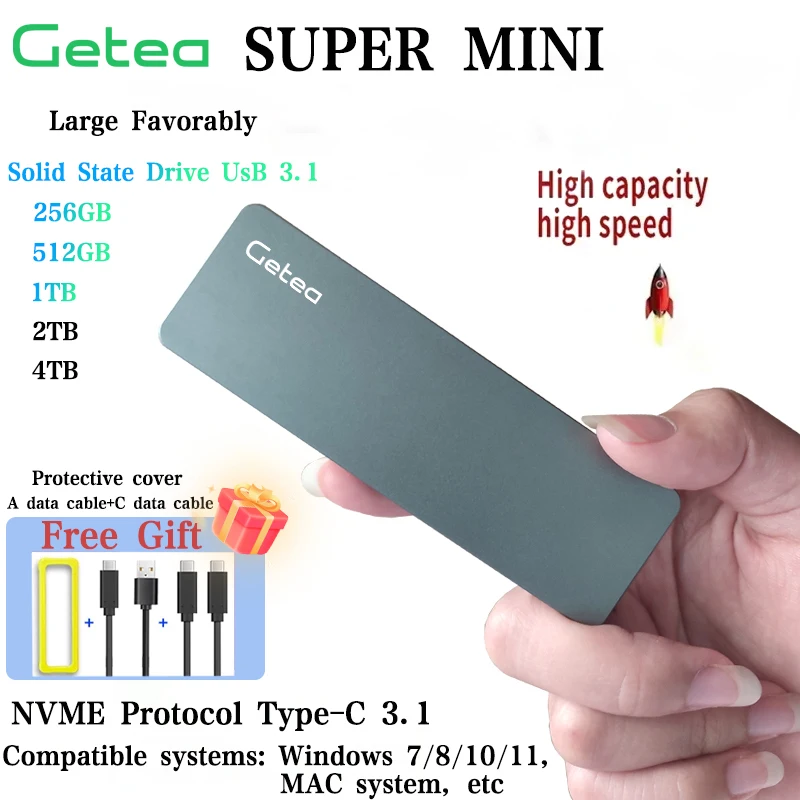 게이밍 윈도우 10용 Getea 128GB 256GB SSD 모바일 솔리드 스테이트 드라이브 타입-C3.1 USB3.2 Gen2 NVME 외장 하드 드라이브 SATA