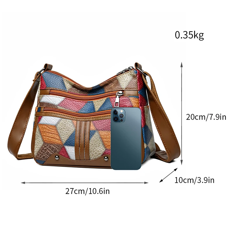 Elegant women's crossbody bag with geometric patterns, multi colored patch shoulder bag, and crossbody bag with multiple compart