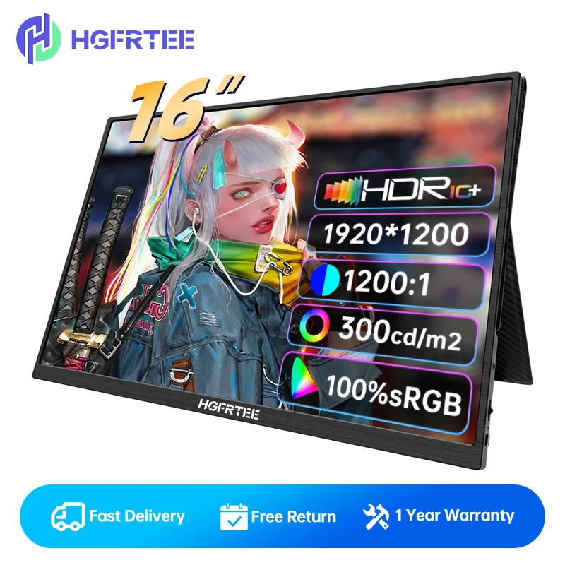 

Портативный монитор HGFRTEE, 16 дюймов, 1920*1200 16:10 100% SRGB 300Cd/m2, игровой дисплей, дорожный монитор для ноутбука, ps4 ps5 Xbox