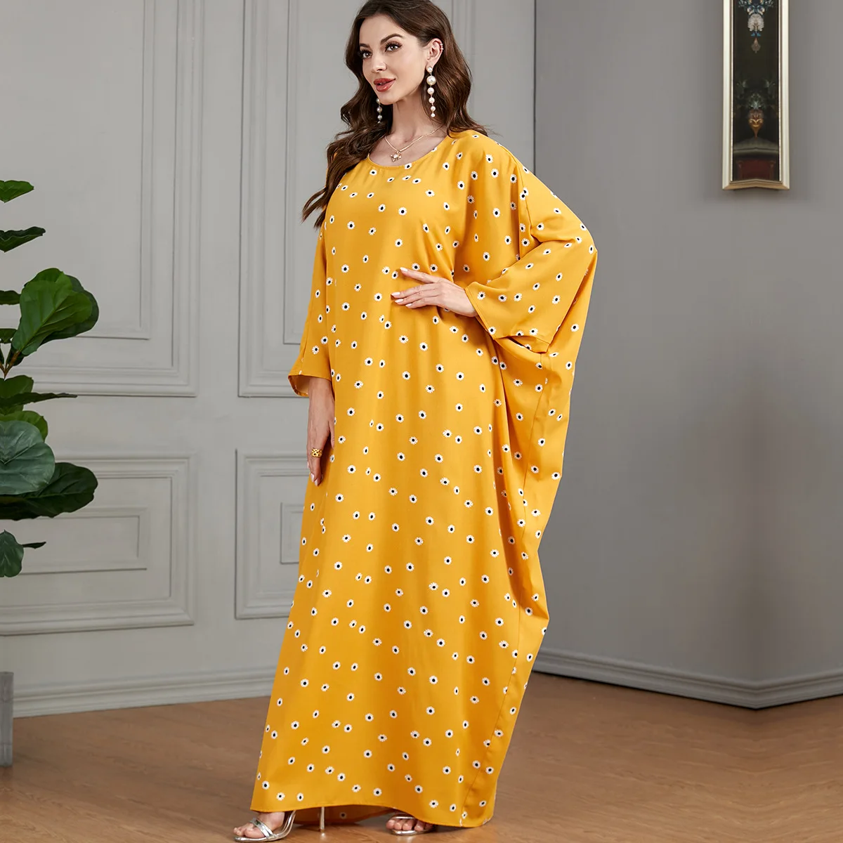 Eid Abayas for Muslim Women Homewear Floral Batwing Sleeve Maxi Size Saudi Turkish Islam Clothing Moroccan Arab Robe