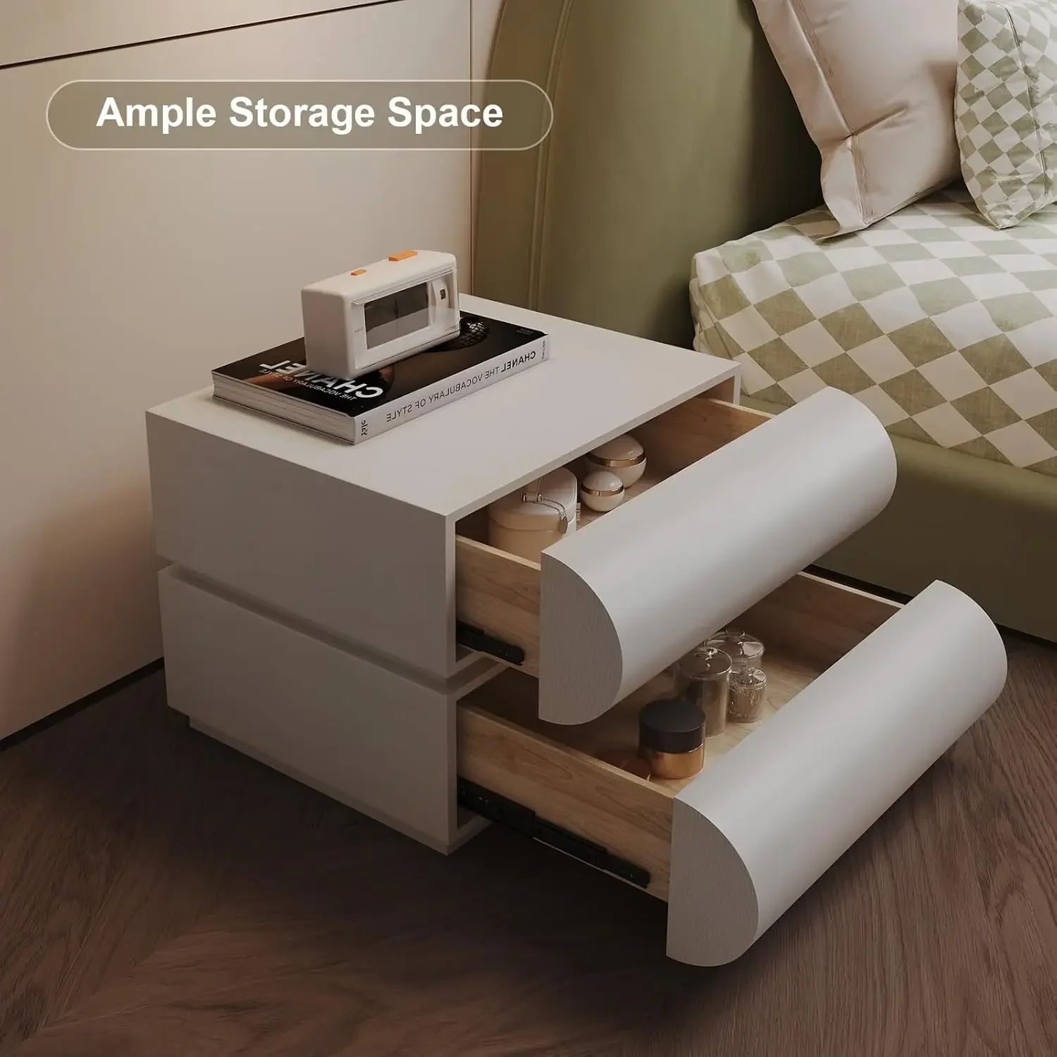 Nightstand with 2 Drawer, Bedside Table with Microfibre Leather, Fashion Night Stand for Bedroom, No Assembly Required-White 6
