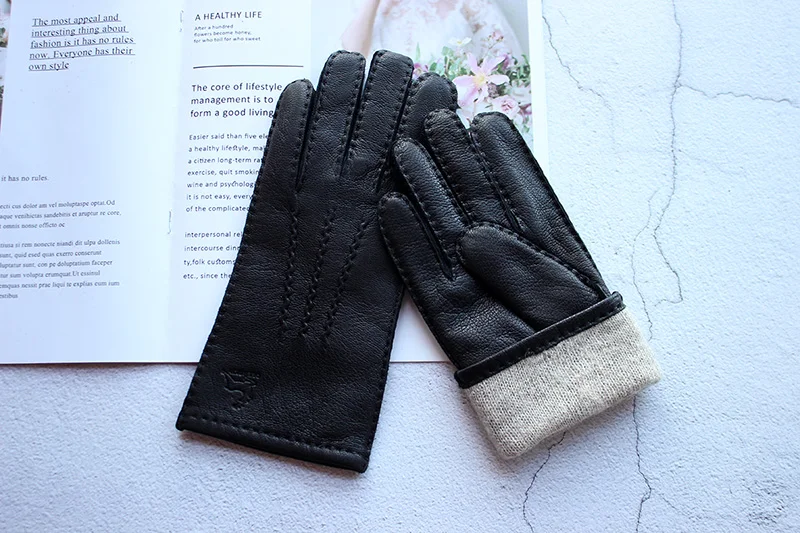 Women's Deer Skin Touch Screen Genuine Leather Gloves With Wool Lining For Autumn and Winter Warmth Motorcycle Riding Gloves