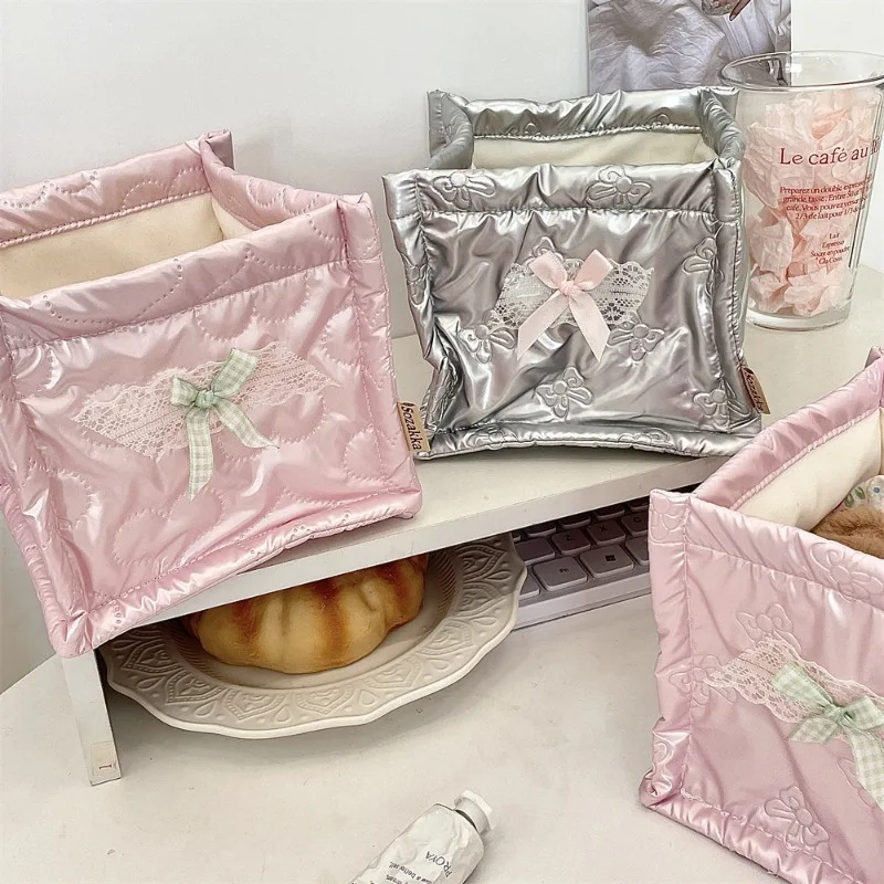 Sweet Korean Stationery Organizer PU Leather Bow Heart Style Photocard Makeup Desktop Storage Organizer School Student Supplies