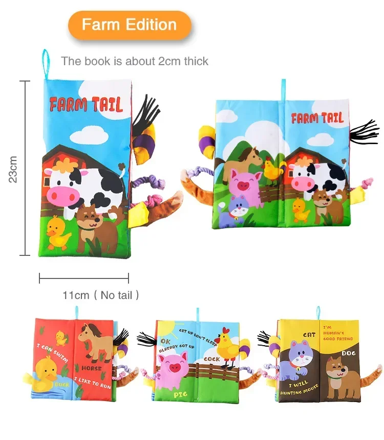 New Kids 3D Animal Shark Lion Tails Cloth Book Baby Puzzle Toys Development Education Books Best Gifts for Newborn Baby 11x23cm