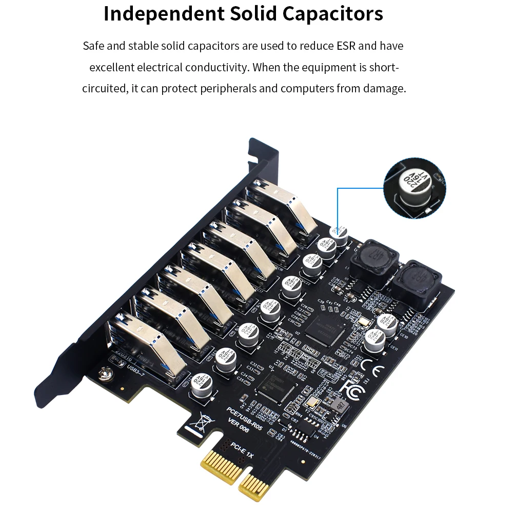 TISHRIC 데스크탑용 USB 3.2 Gen1 PCI 익스프레스 멀티플라이어, PCI E-7 포트, USB 3 허브 확장 어댑터 카드, PCI-E 1X 컨트롤러