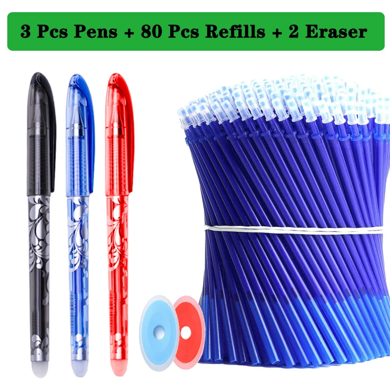 85Pcs/Set Erasable Pen Gel Pens 0.5mm Blue/Black ink Refills Rod