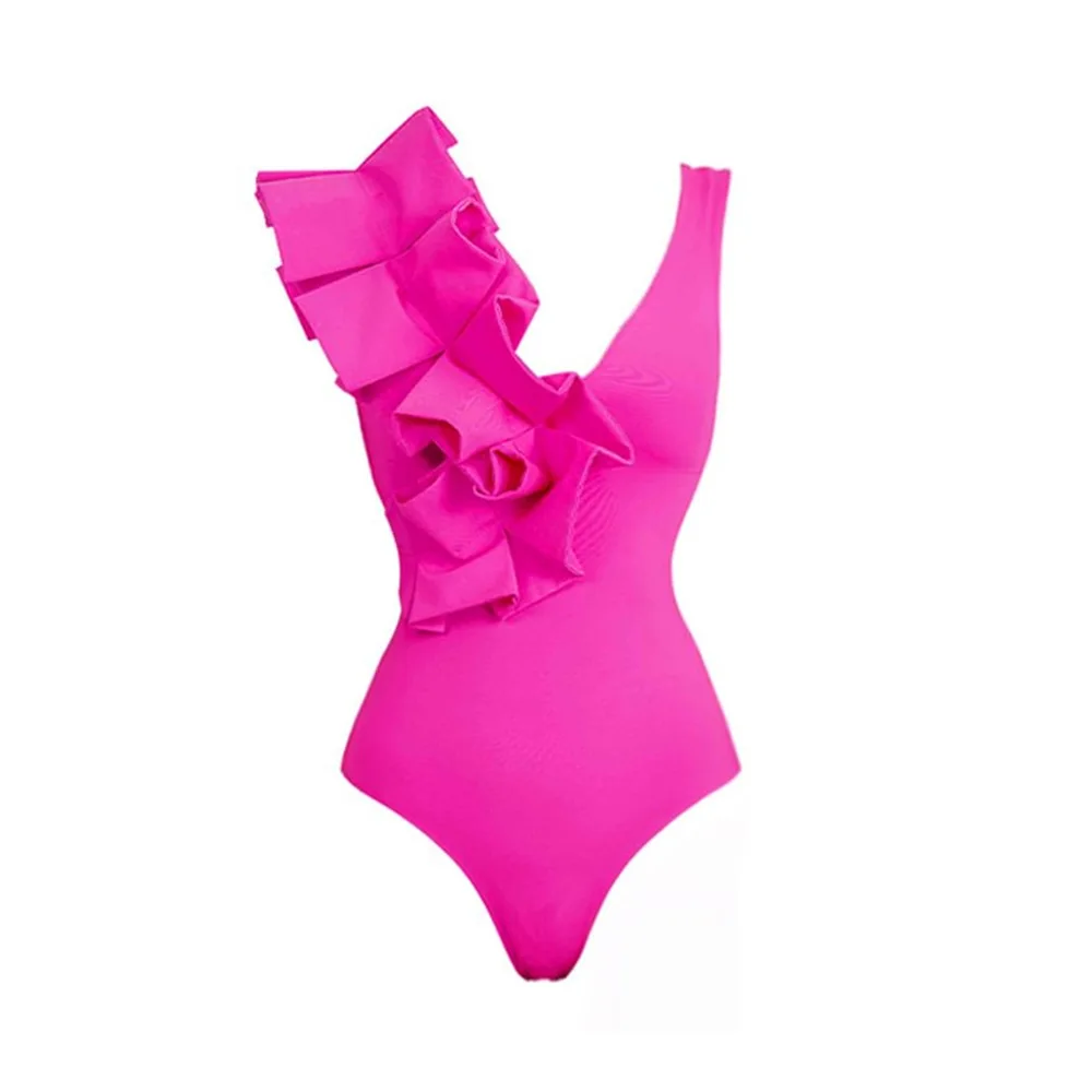 ZAFUAZ 3D Ruffle Solid Color Block One Piece Swimsuit Sarong Women's One-piece Swimwear Ruffle High Waist Bikini Bathing Suit