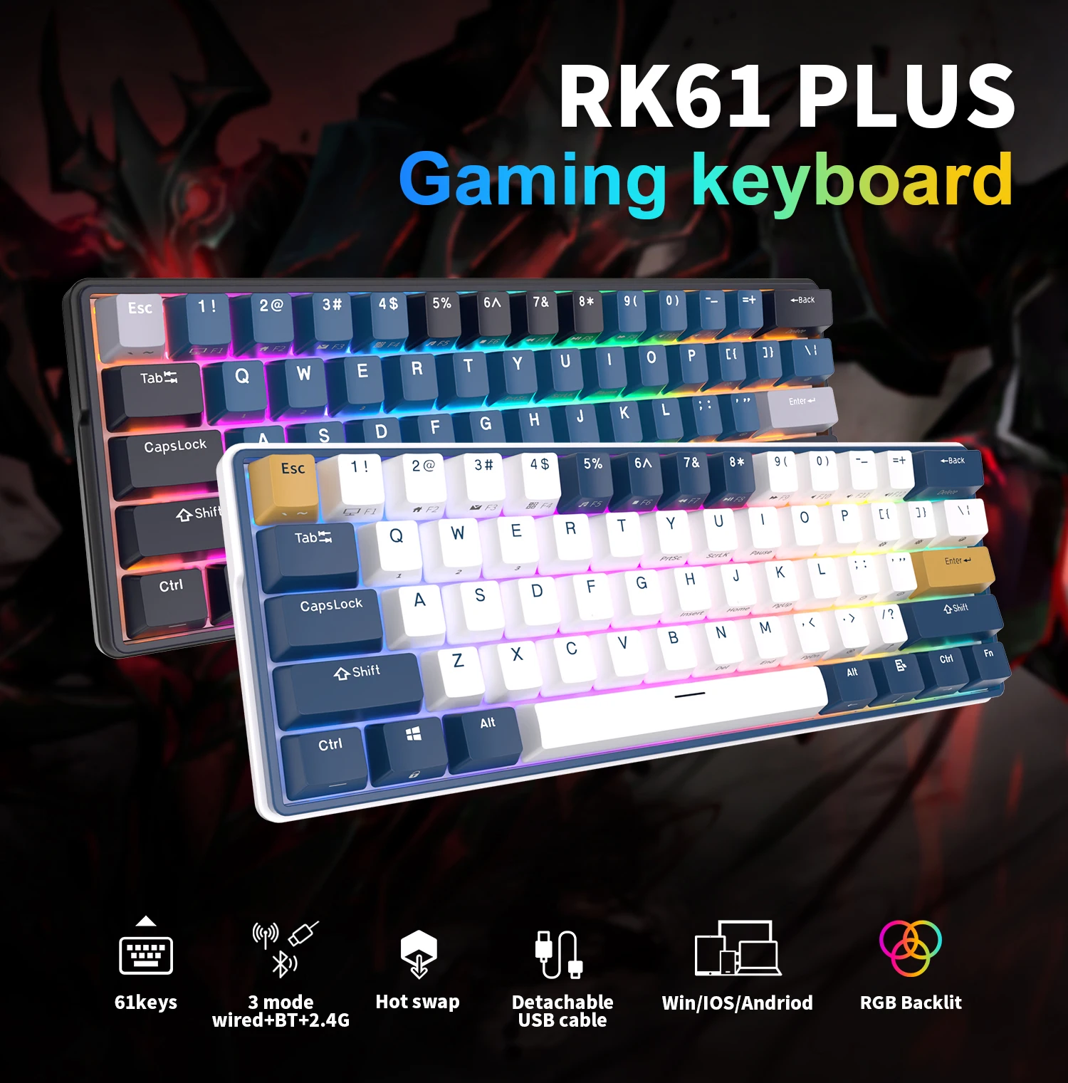 Royal KLUDGE-Teclado mecânico tri-modo sem fios, Bluetooth,