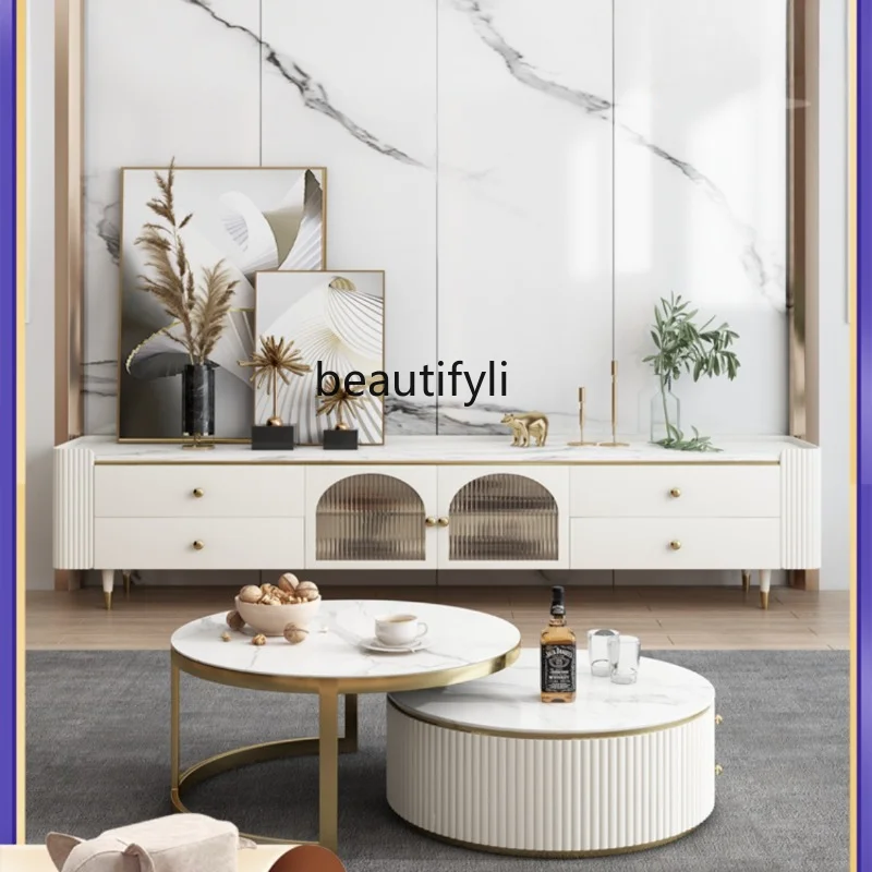 

Stone Plate TV Cabinet and Tea Table Modern Simple and Light Luxury Living Room round Tea Table TV Stand Deck