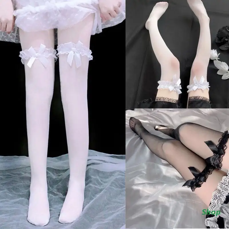 

L5YC Sexy Over The Knee Long Socks Lolita Bowknot Ruffle Long Stocking Elastic