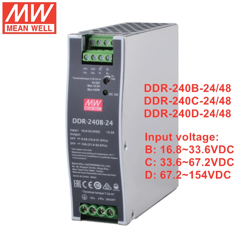 

MEAN WELL DDR-240 Series Power Supply 240W Slim DIN Rail DC-DC Converter DDR-240B-24/48 DDR-240C-24/48 DDR-240D-24/48