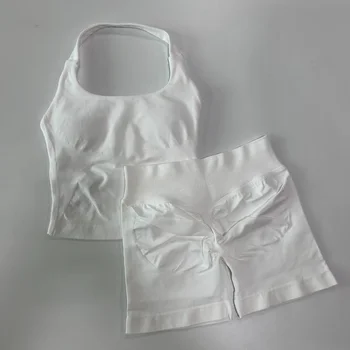 مجموعة رياضية بدون ظهر، قمصان بدون أكمام، خصر مرتفع، شورت مطاطي عالي بدون درزات 12