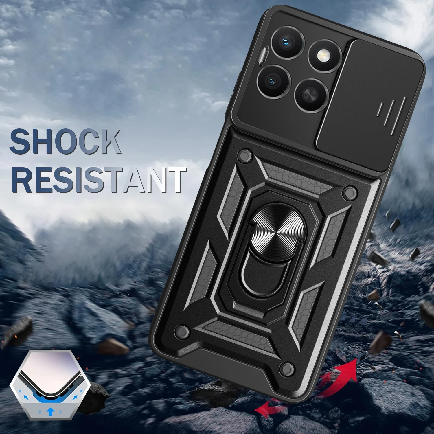 Slide Camera Cover with Armor Ring Stand Holder and Protective Case