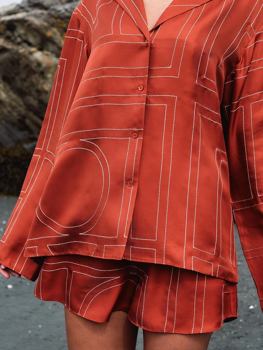 Marthaqiqi Casual Female Pajamas Suit Long Sleeve Nightgowns Turn-Down Collar Nightwear Shorts Printing Loose Women Nightie Set