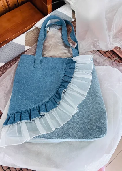 JIAERDI Large Capacity Sweet Denim Lace Shoulder Bags Women Fairy Core Tote Bag Handbag Female Fashionable Y2k Bag Aesthetic