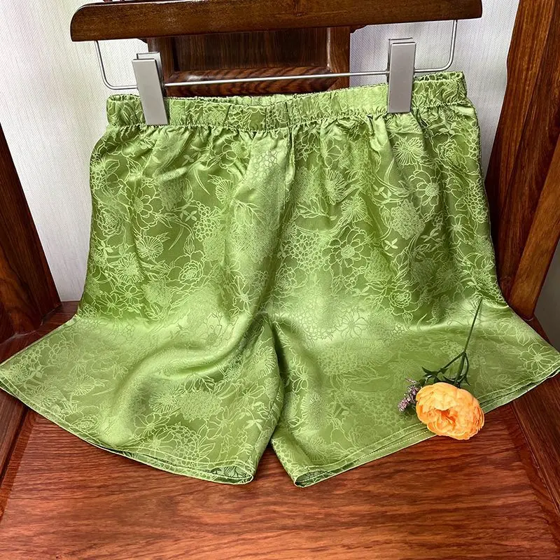 Women's Solid Color Summer New Chinese Style Retro Chic Satin Printed Elastic Loose All-match High-waist Casual Wide-leg Shorts