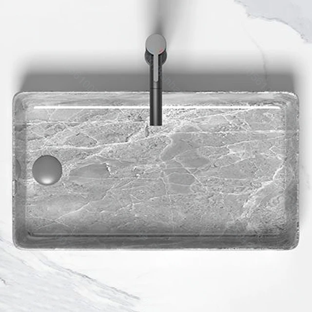 อ่างล้างหน้าเซรามิกดีไซน์หรูทันสมัยสำหรับห้องน้ำ อ่างล้างหน้าแบบวางบนเคาน์เตอร์พร้อมอุปกรณ์ระบายน้ำ 4