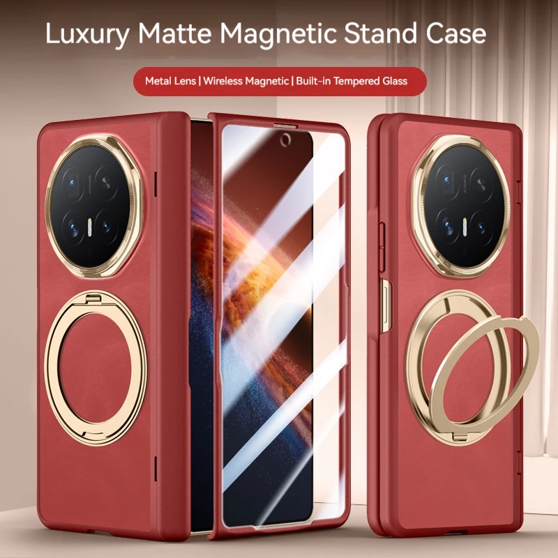 Frosted Transparent Magnetic Phone Case with Metal Rotating Bracket and Tempered Glass Protection