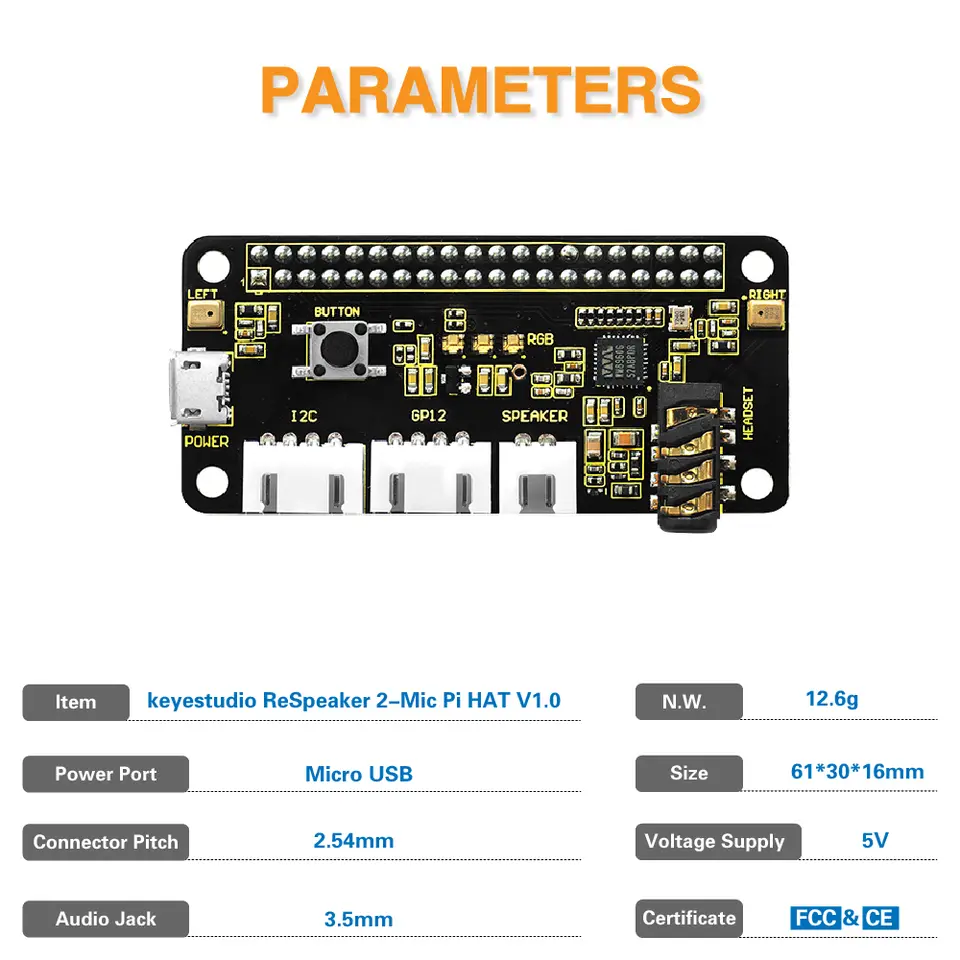 2PCSKeyestudio 5V ReSpeaker 2-Mic Pi HAT V1.0 Expansion Board For Raspberry Pi 4B/3B+/3B CE Certification image 2