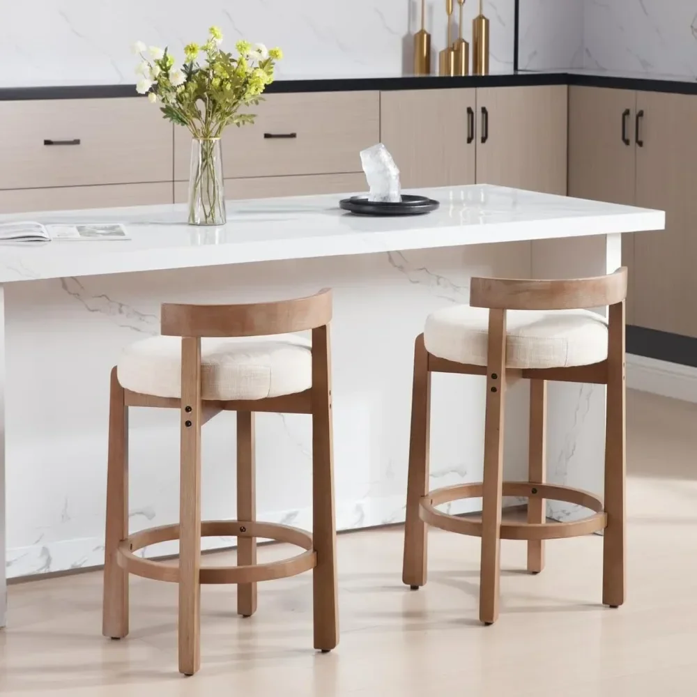 Mid-Century Bar Stools Set of 4, 26.5 Inch Linen Counter Height Upholstered Barstools Bar Chairs with Solid Wooden Legs for