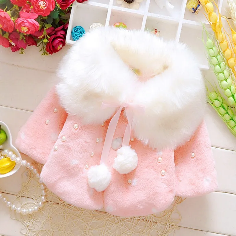 

Cute Winter Plush Jackets For Baby Girl Clothes Sweet Princess Pearl Cloak Autumn Warm Girls Coat 0-4 Years Children Outwear