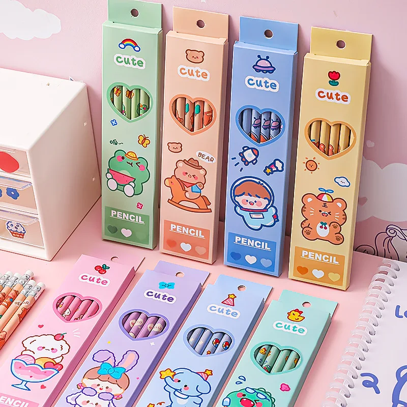 

6pcs 1 box sweetheart cute pencils children HB painting sketch pen pupils writing exam with rubber pencil kids school supplies