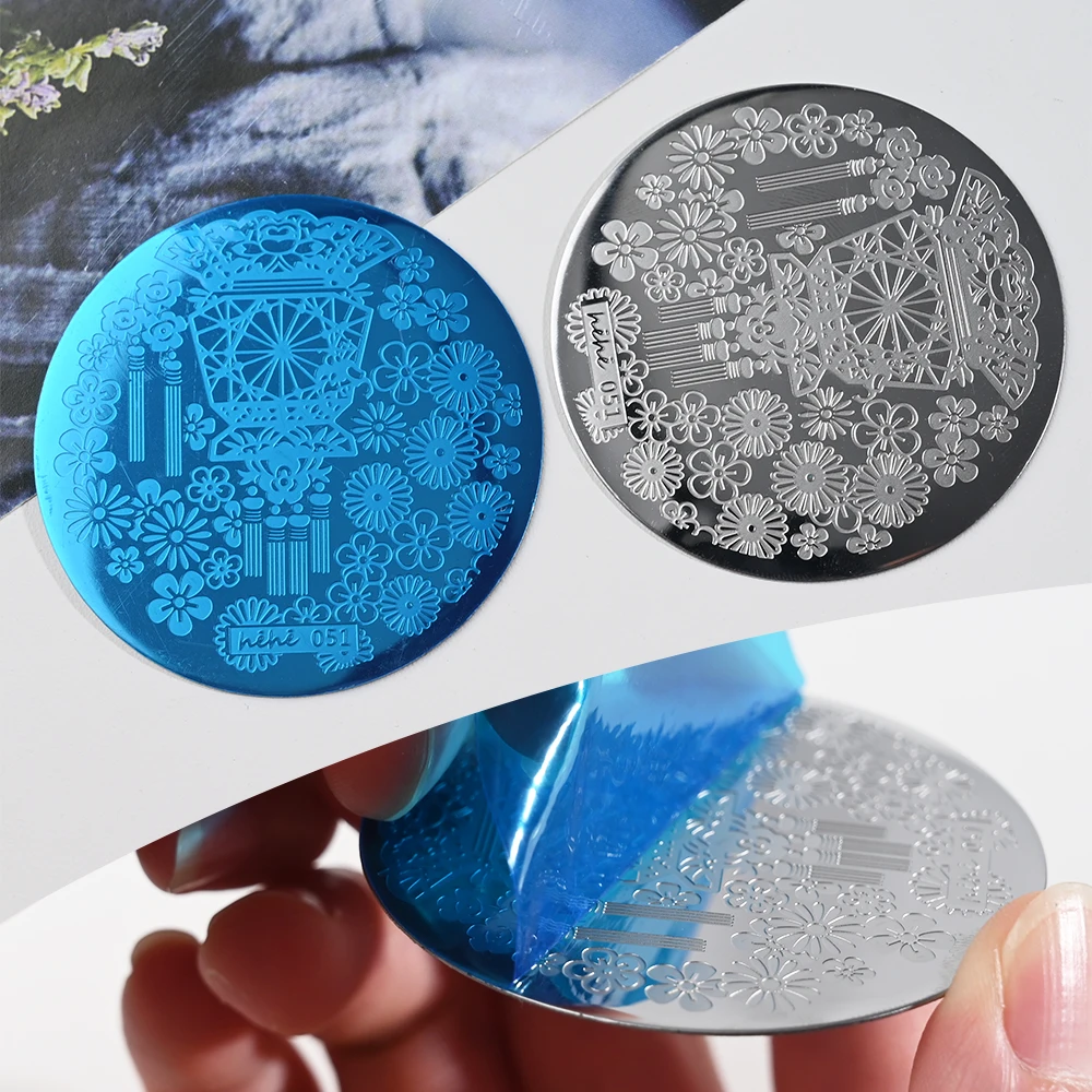 네일 아트 템플릿 5.5cm 라운드 스탬핑 플레이트 나비 꽃 레이스 잎 스트라이프 디자인 스탬프 플레이트 이미지 스텐실 인쇄 도구