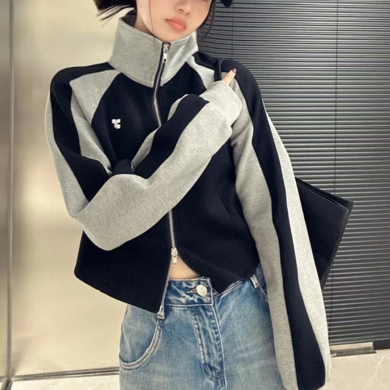 Deeptown Korean Style Patchwork Zipper Sweatshirt Women Kpop Y2k Hippie Oversize Navy Crop Jackets 90s Vintage Harajuku Hoodie