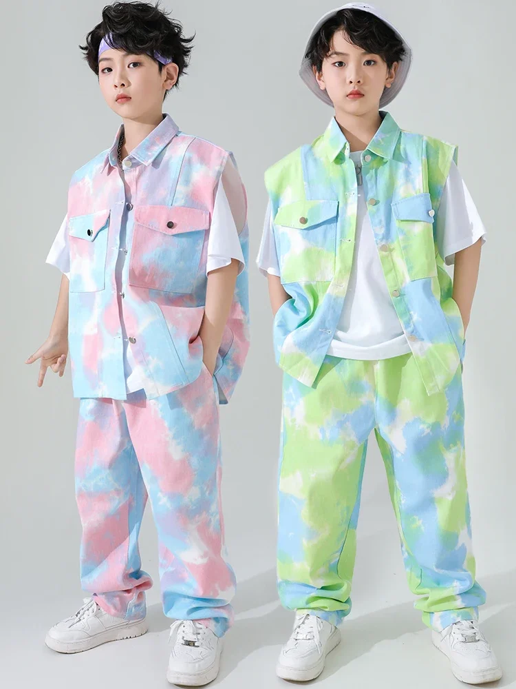 

Modern Street Dance Clothes Fashion Kids Hip Hop Clothing Tie dyed Vest Pants Girls Boys Jazz Performance Stage Costume BL10479