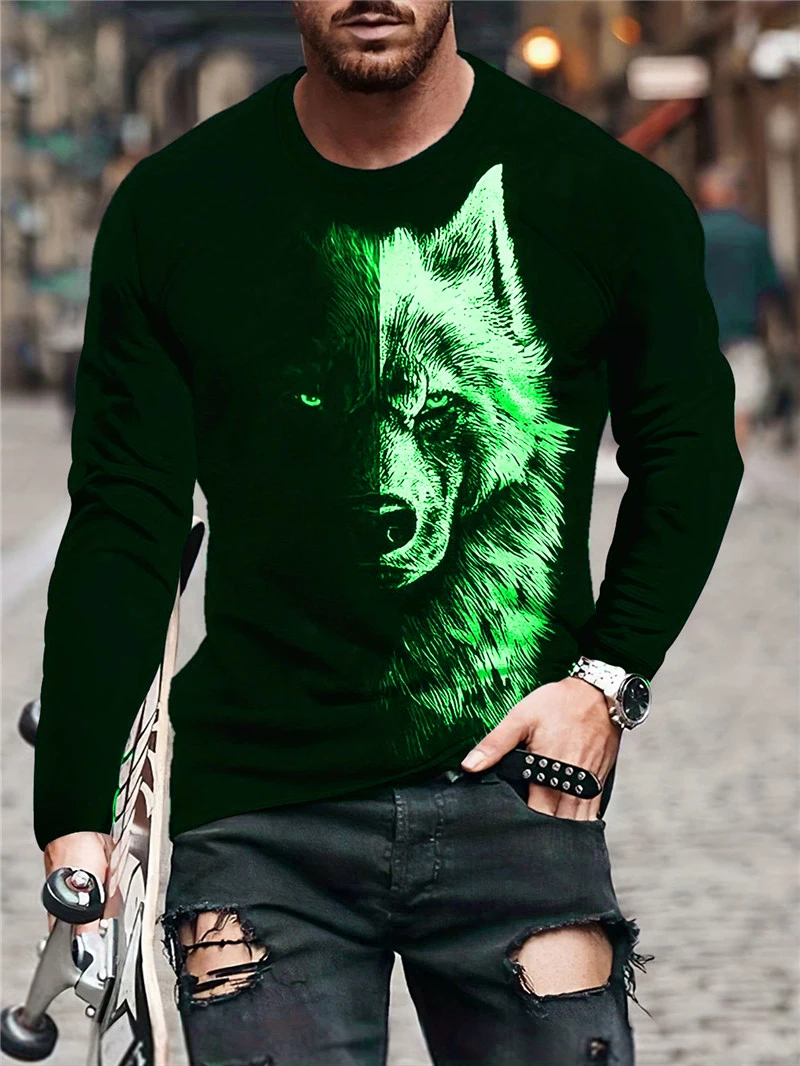 Man wearing a long sleeve 3D abstract wolf print T-shirt in hip hop streetwear style 02