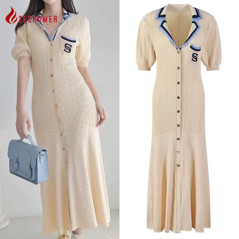 

Autun High Quality Bubble Short-Sleeve Ebroidery knitted Long Dress Woen V-neck Buttons French Party Dress