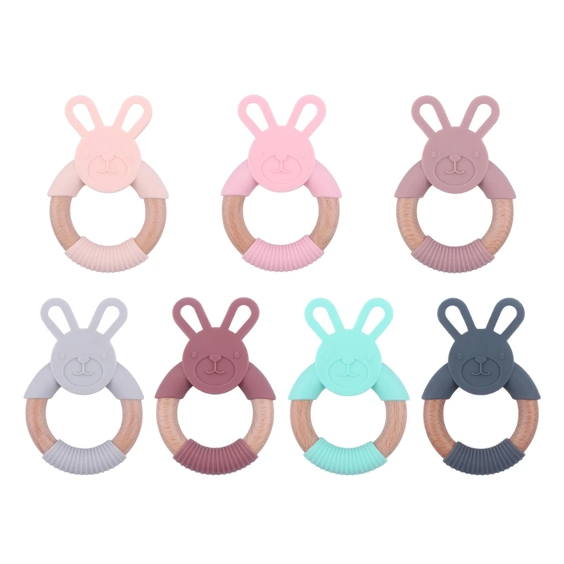 

Baby Wooden Silicone Teether Toy Hand Grab Ring for w/ Bunny Ears Crib Rattle Teething Toy Early Learning Toy for Infant
