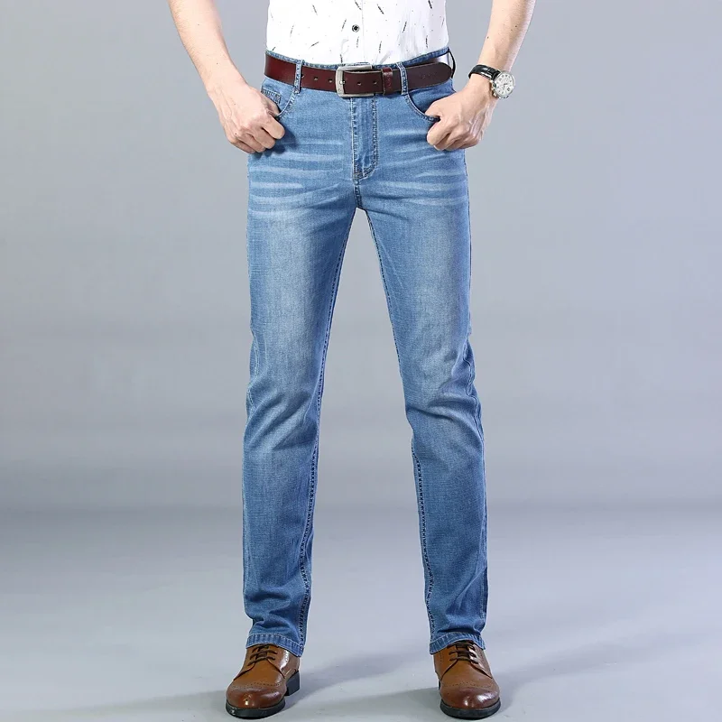 2023 Spring Summer Classic Pocket Men Fit Straight Thin Jeans Cotton Elastic Middle Waist Business Casual Lightweight Pants